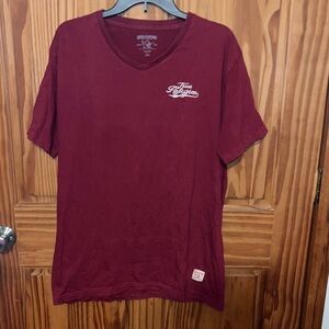True Religion Men's Maroon V-Neck Tee Embroidered Front Graphics On Back